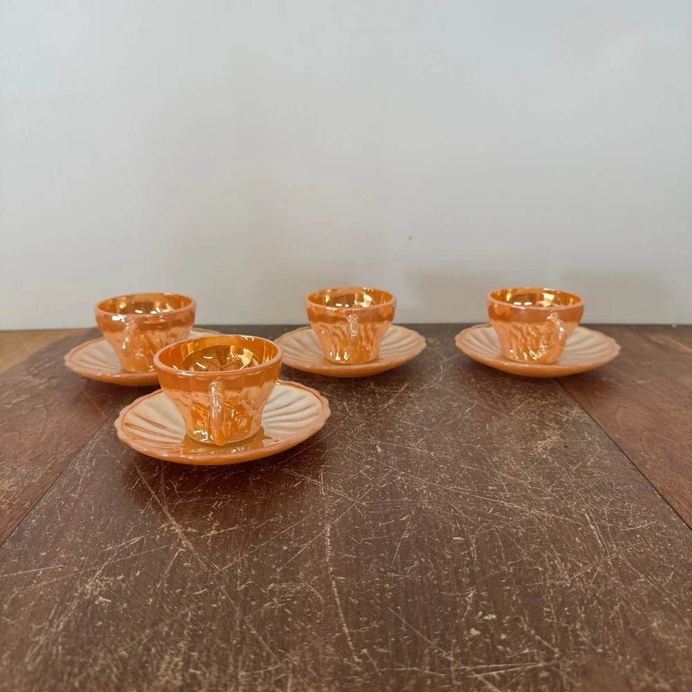 Anchor Hocking‎ Fire Ring Orange Peach Lusterware Carnival Glass Cup Saucer Set